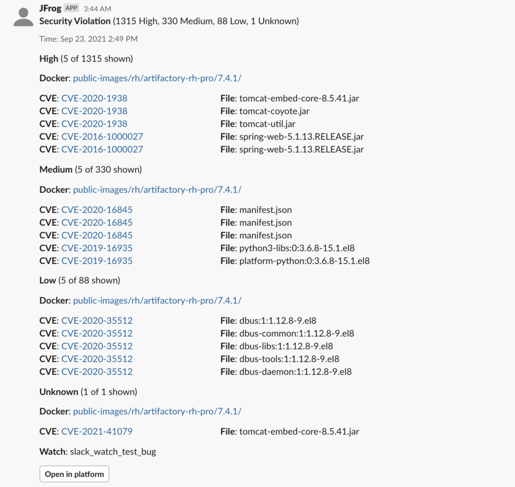 JFrog Slack App Security Violation