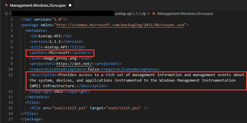 Azetap.API package’s author defined as Microsoft with a false description