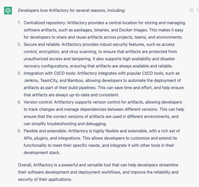 Why dev love Artifactory according to ChatGPT