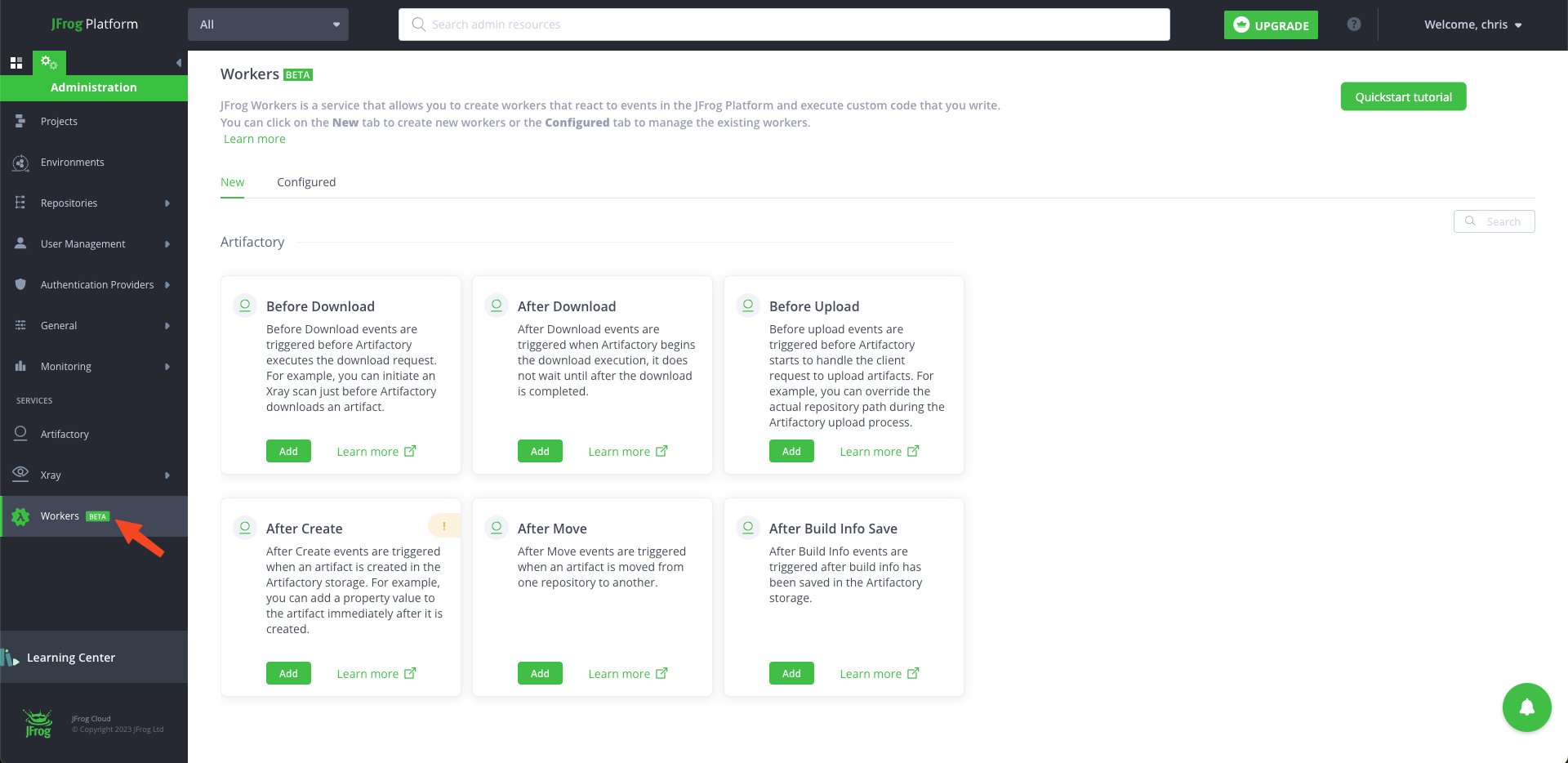 Figure 1 - Access the worker service by selecting Administration tab > Workers.