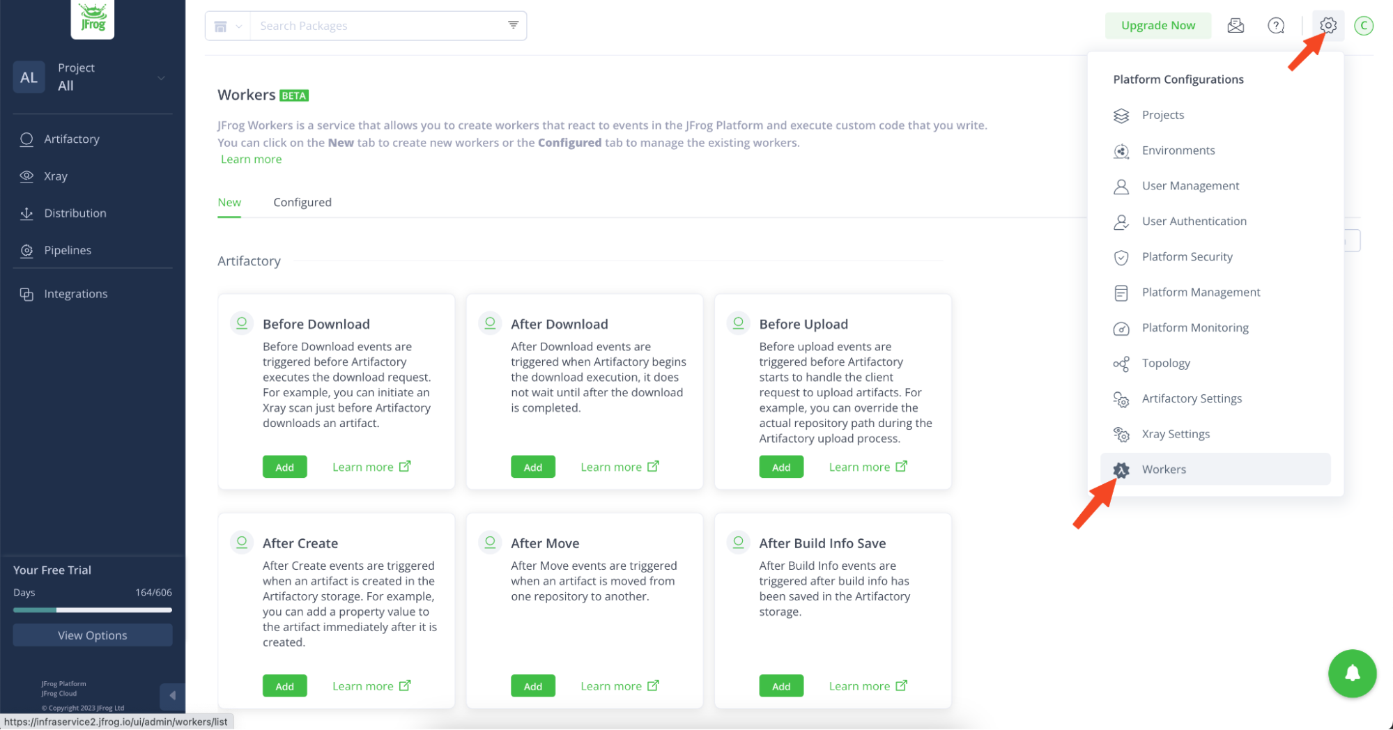 Figure 2 - In JFrog’s new interface access workers by selecting Settings > Workers.