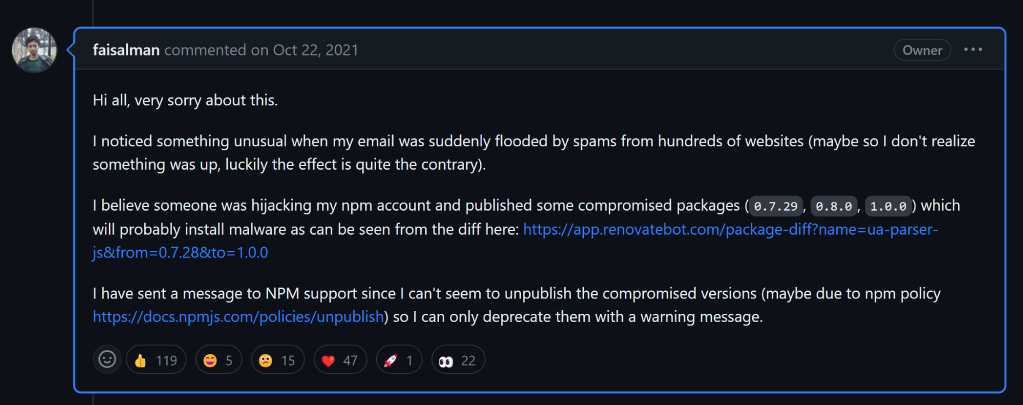 ”ua-parser-js” Hijacked Package Announcement By Owner