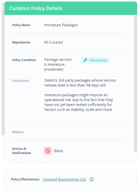 Immature package JFrog Curation policy details and block action