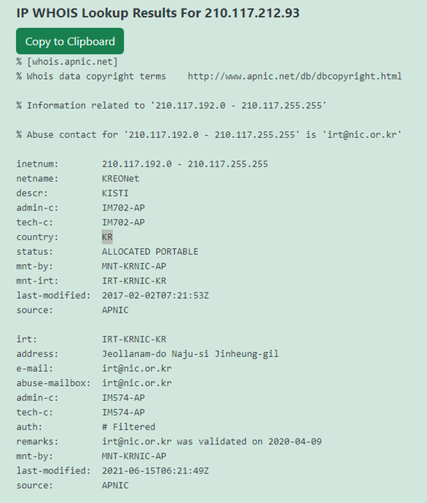 IP WHOIS Lookup Results