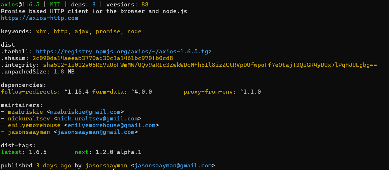 Information about the package in the terminal window
