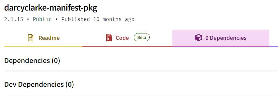 Dependencies of the malformed package at the npm website