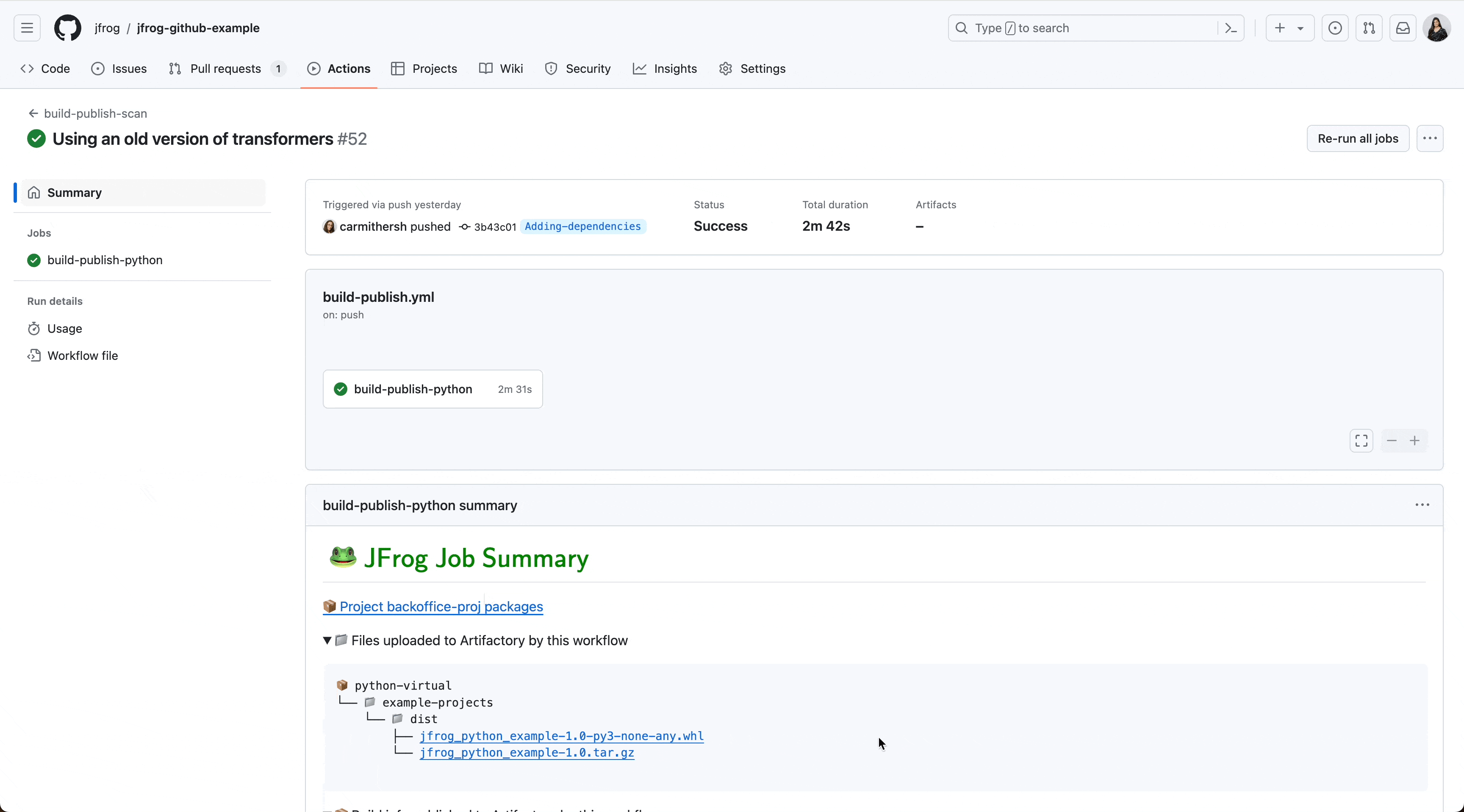 JFrog Job Summary, and Build-Info SBOM pointing back to GitHub Job