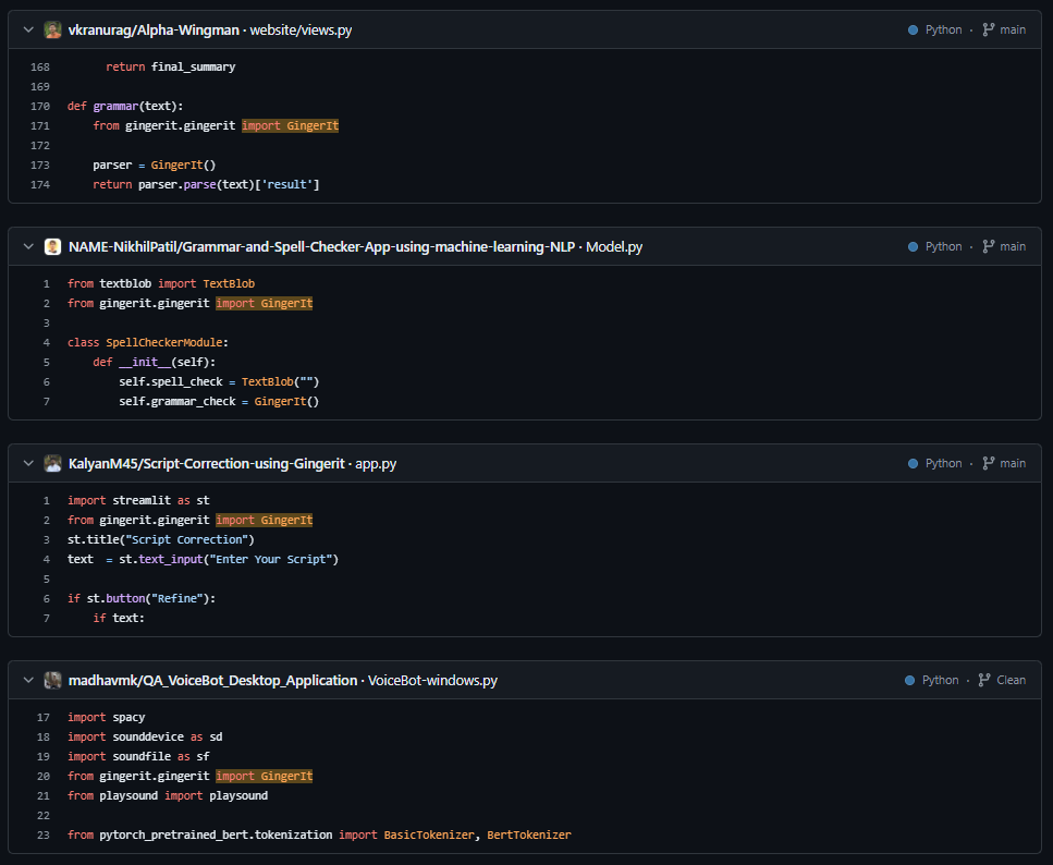 Some GitHub repositories that depend on the “gingerit” PyPI package