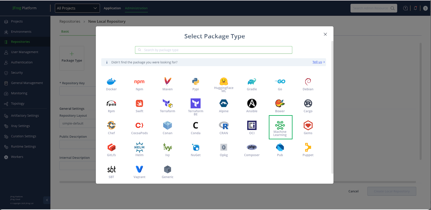 The new Machine Learning repo type visible in the the repository creation flow