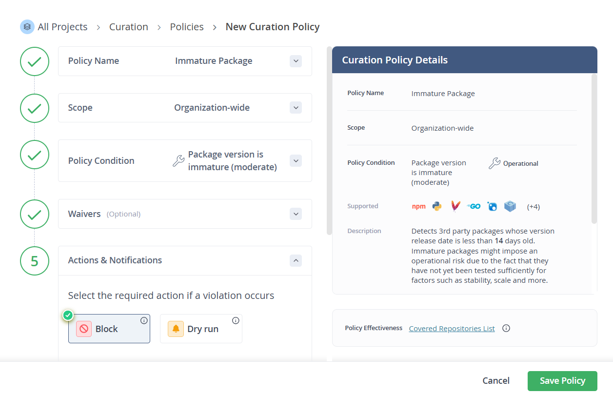FIGURE 1 : Création de politiques détaillées bloquant l’utilisation de packages immatures dans Curation
