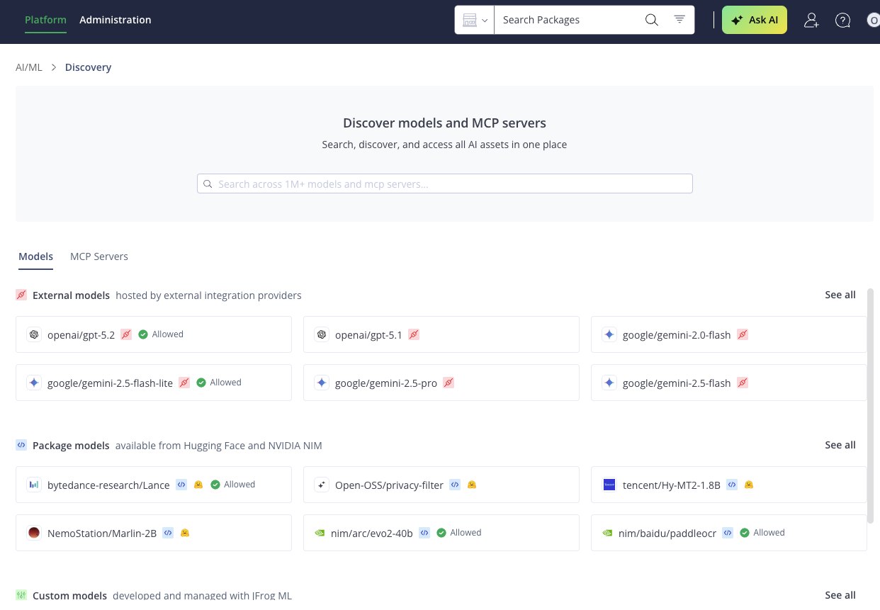 JFrog AI Catalog Discovery page